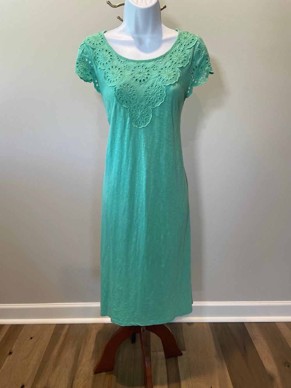 Talbots Cotton Embroidered Boho Dress Size M Light Soft Green